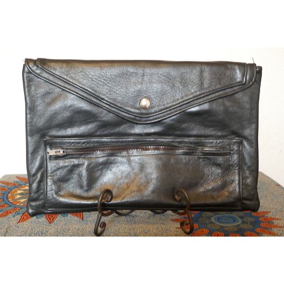 Vintage Black Leather Envelope Strapless Unisex Clutch Bag 9" x 13" Boho Hippie - Picture 6 of 16